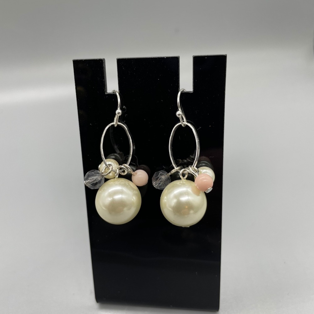Faux Pearl Cluster Dangle Drop Earrings‎ Silver Tone Cream Pink Grey Beads